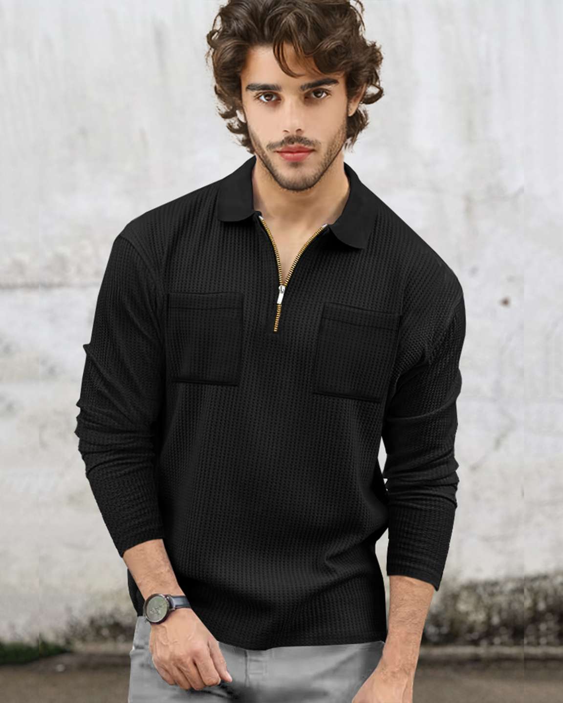 Men Full Sleeve Double Poacket Polo Waffle Black T-shirt