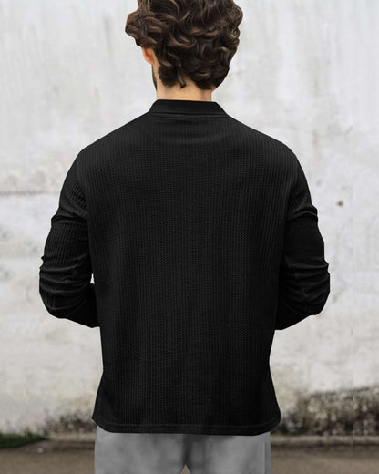 Men Full Sleeve Double Poacket Polo Waffle Black T-shirt