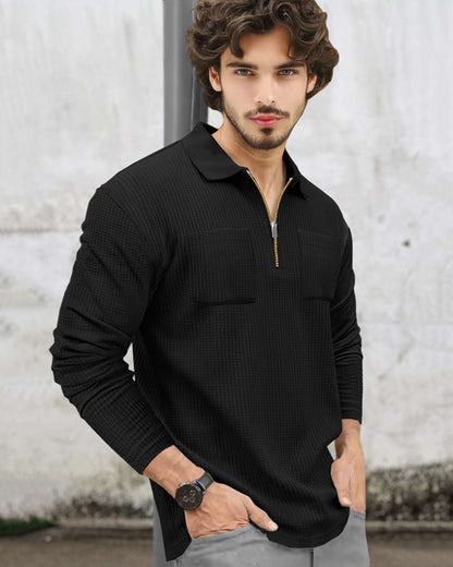 Men Full Sleeve Double Poacket Polo Waffle Black T-shirt