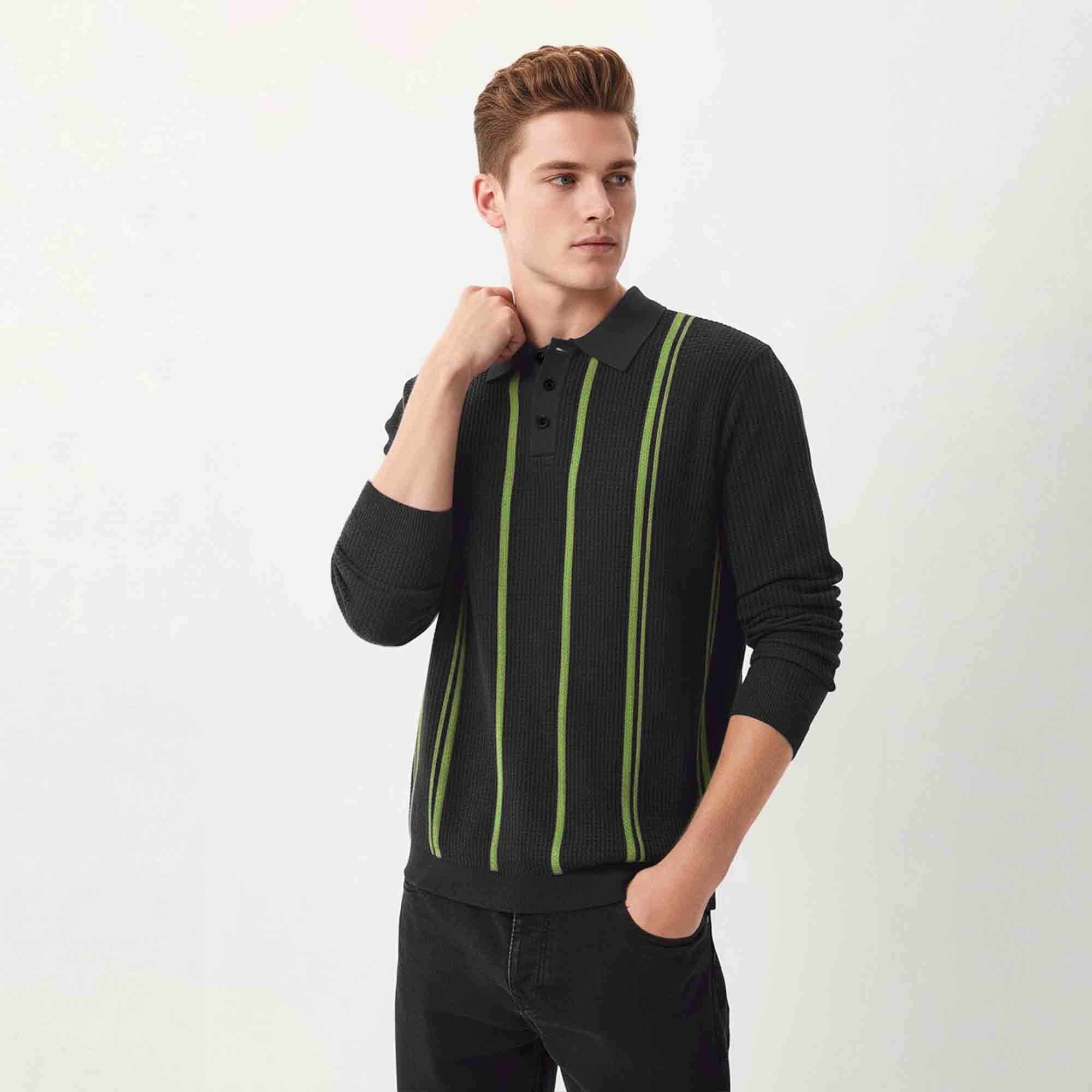Men Polo Neck Striped Printed Full Sleeve T-shirt Black