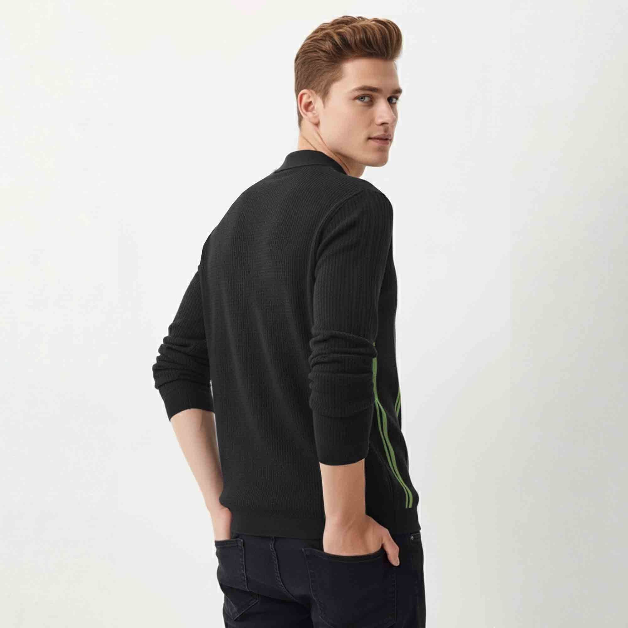 Men Polo Neck Striped Printed Full Sleeve T-shirt Black