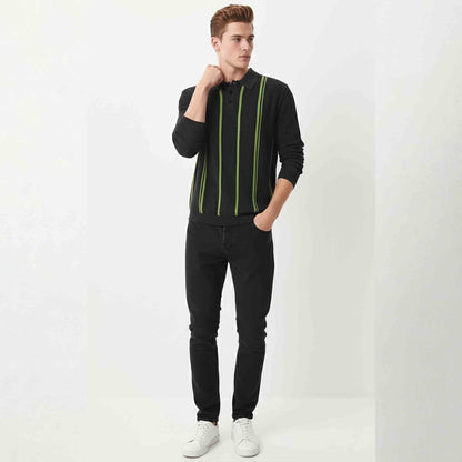 Men Polo Neck Striped Printed Full Sleeve T-shirt Black