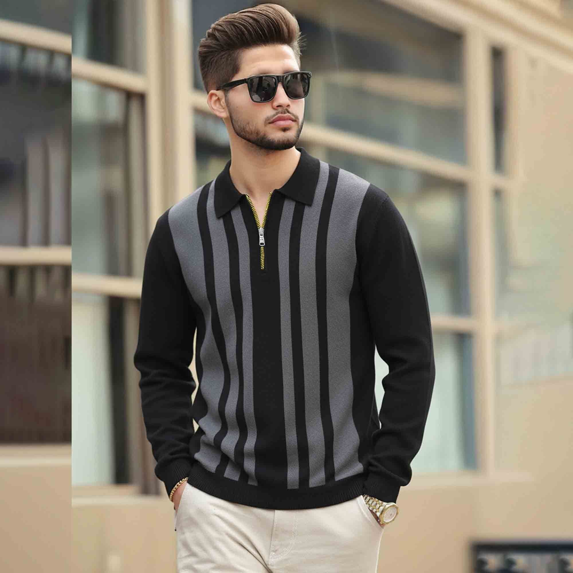 Men Quarter Zip Polo Neck Vertical Striped Full Sleeve T-shirt Black