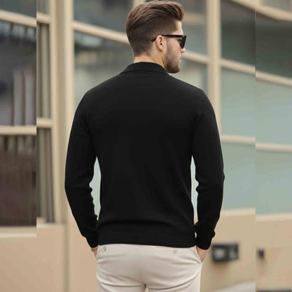 Men Quarter Zip Polo Neck Vertical Striped Full Sleeve T-shirt Black