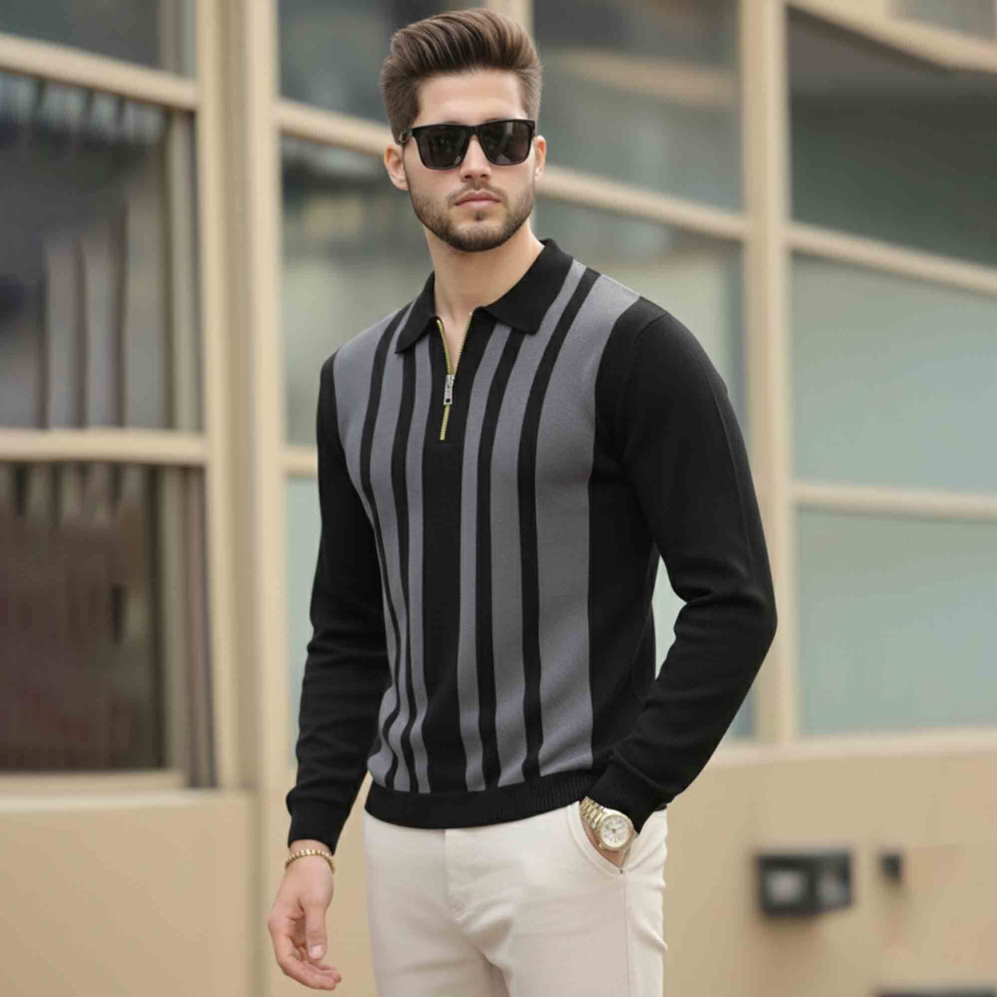 Men Quarter Zip Polo Neck Vertical Striped Full Sleeve T-shirt Black