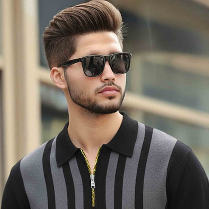 Men Quarter Zip Polo Neck Vertical Striped Full Sleeve T-shirt Black