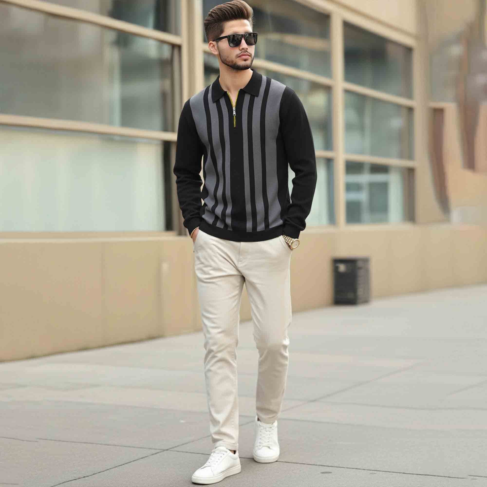 Men Quarter Zip Polo Neck Vertical Striped Full Sleeve T-shirt Black