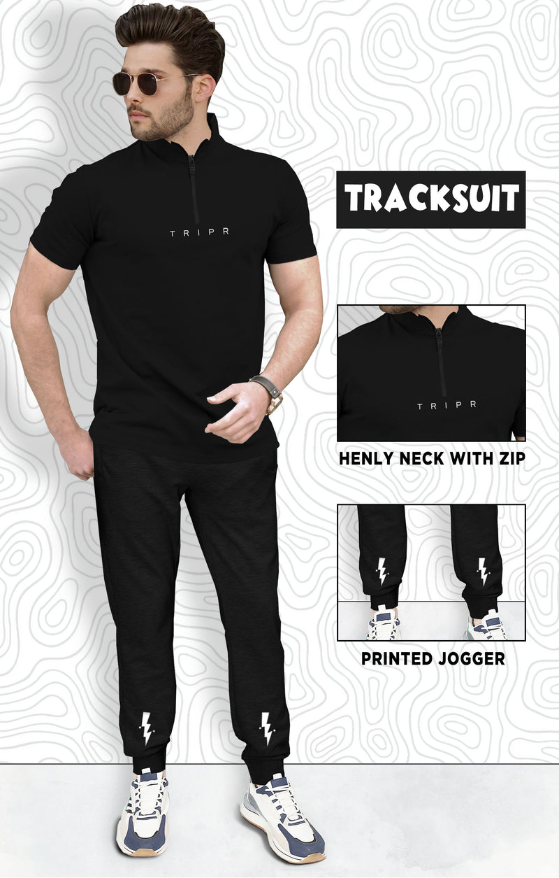 Tracksuit - BLACK Zipper High Neck T-shirt & Jogger Pant