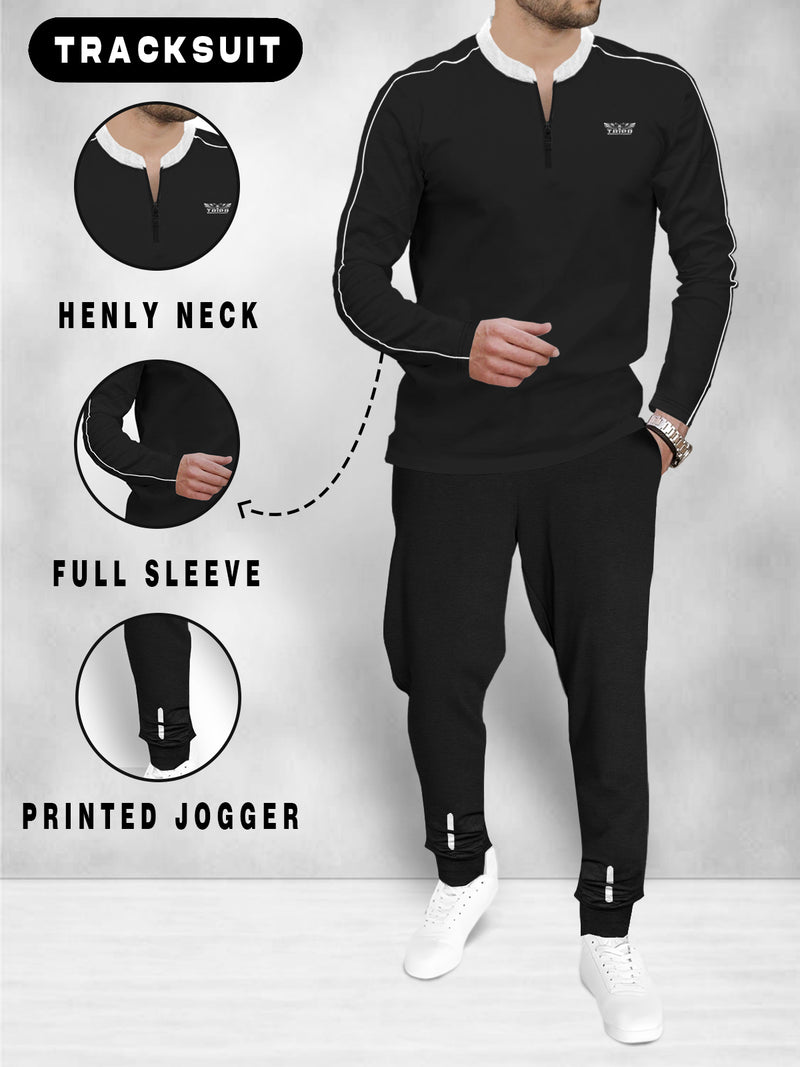 Men Tracksuit - Full Sleeve Black Henley Neck T-shirt with Black Jogger Pant