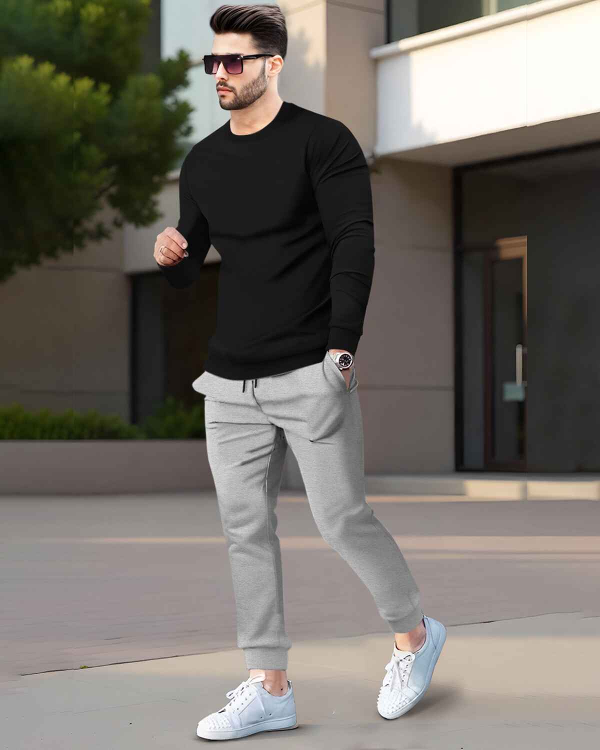 Mens Tracksuit - Full Sleeve Black t-shirt / Grey Trackpant