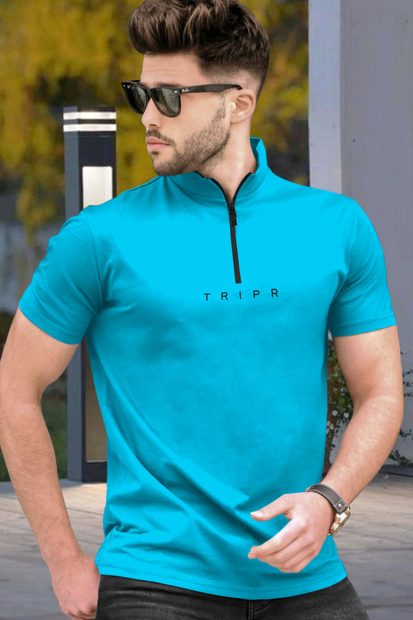 Men Half Sleeve Skyblue Zipper High Neck T-Shirt