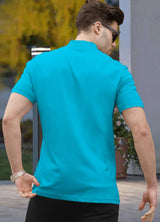 Men Solid Zip Neck Blue T-Shirt