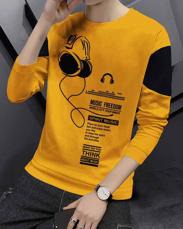 Boys Full Sleeve Yellow-Black Music Printed T-shirt