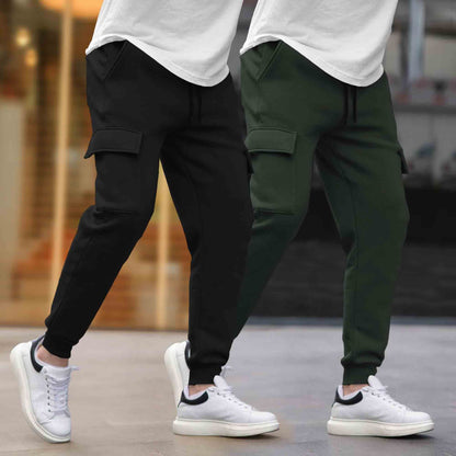 (Pack Of 2)  Multi Pockets Plain Cargo Joggers Black & Olivegreen