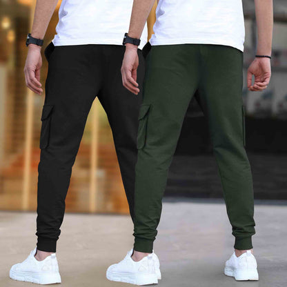 (Pack Of 2)  Multi Pockets Plain Cargo Joggers Black & Olivegreen