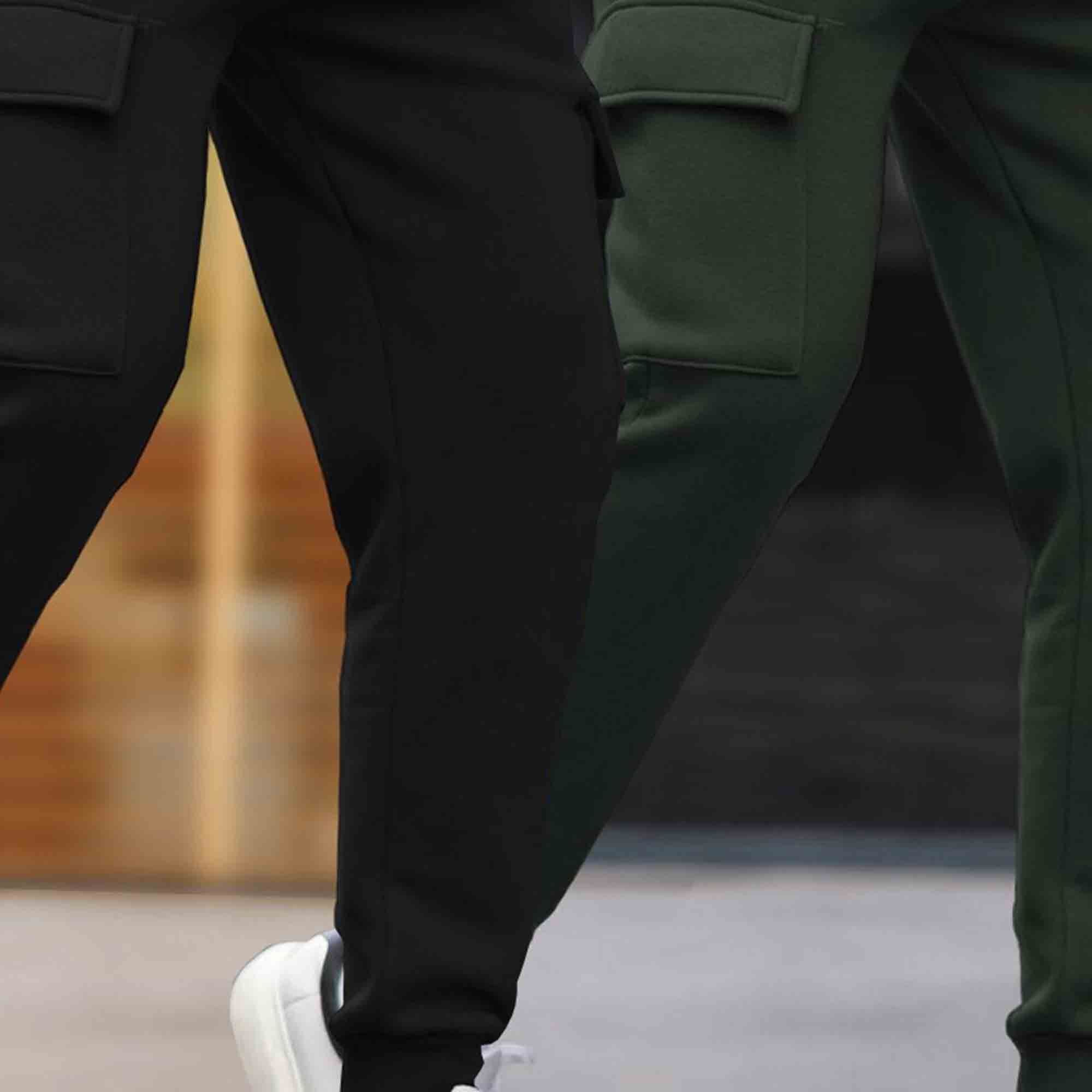 (Pack Of 2)  Multi Pockets Plain Cargo Joggers Black & Olivegreen
