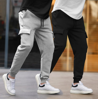 (Pack Of 2)  Multi Pockets Plain Cargo Joggers Grey & Black