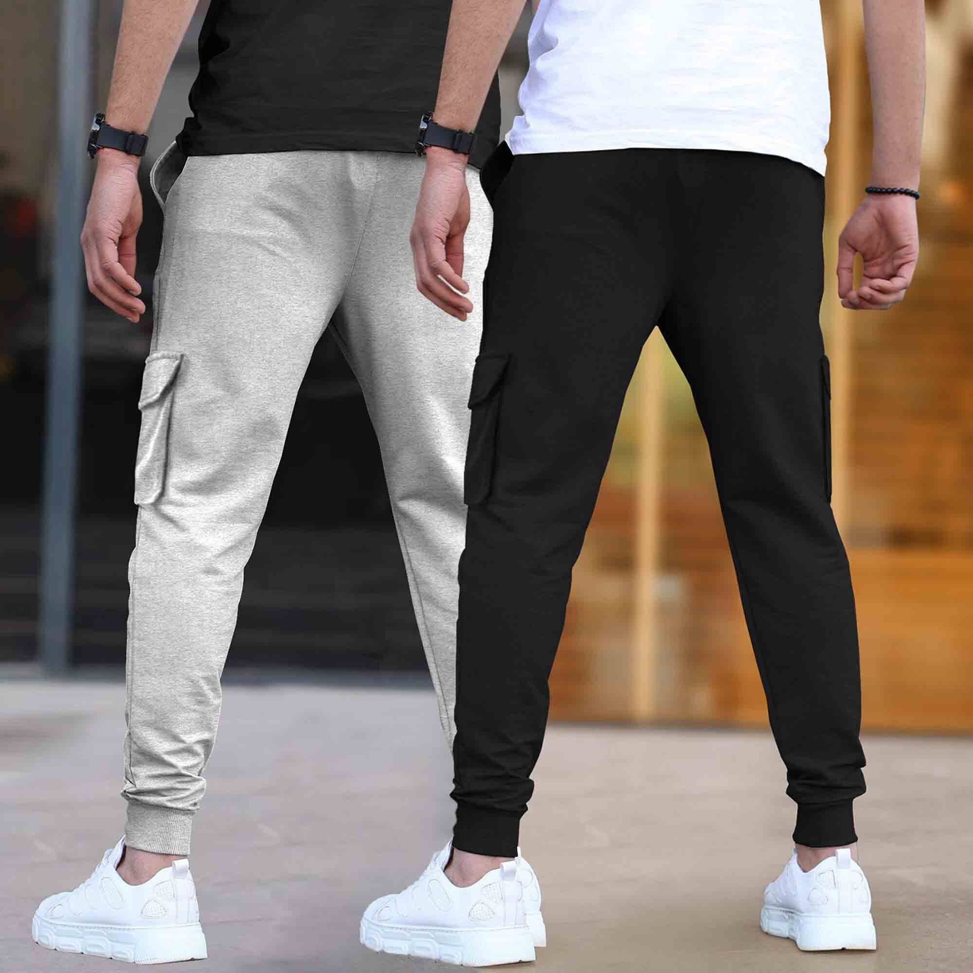 (Pack Of 2)  Multi Pockets Plain Cargo Joggers Grey & Black