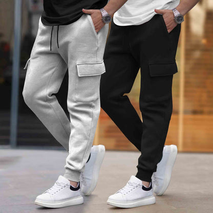 (Pack Of 2)  Multi Pockets Plain Cargo Joggers Grey & Black