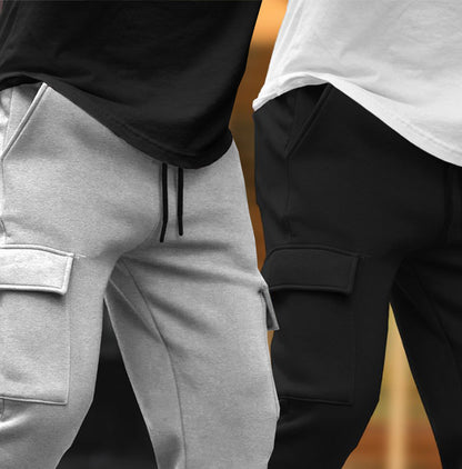 (Pack Of 2)  Multi Pockets Plain Cargo Joggers Grey & Black