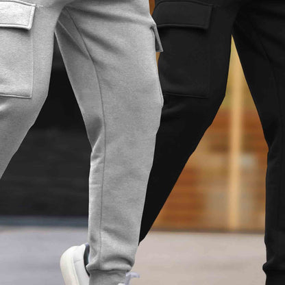 (Pack Of 2)  Multi Pockets Plain Cargo Joggers Grey & Black