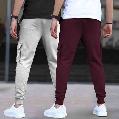 (Pack Of 2)  Multi Pockets Plain Cargo Joggers Grey & Maroon