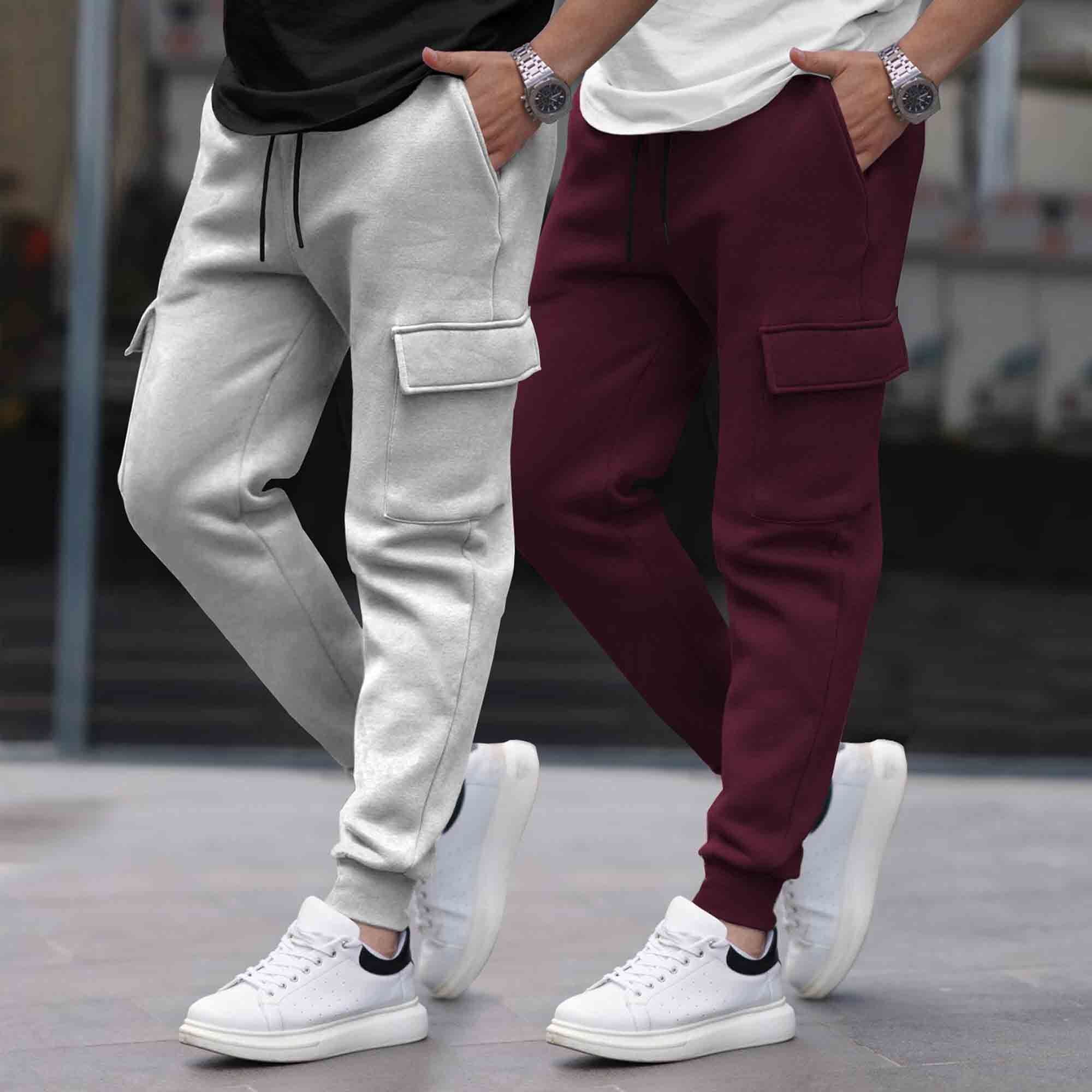(Pack Of 2)  Multi Pockets Plain Cargo Joggers Grey & Maroon