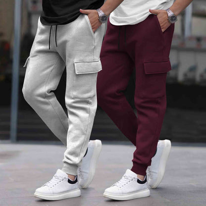 (Pack Of 2)  Multi Pockets Plain Cargo Joggers Grey & Maroon