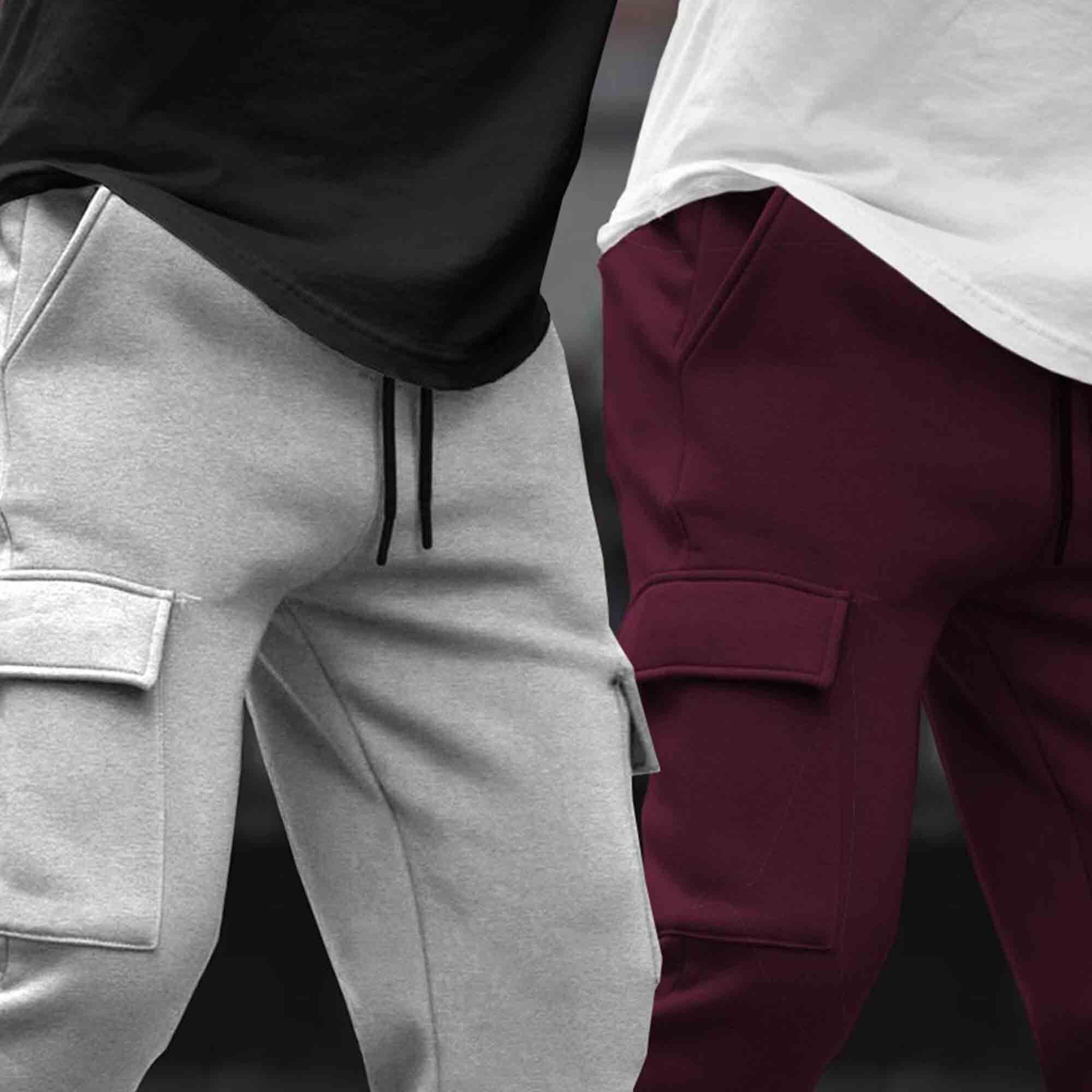 (Pack Of 2)  Multi Pockets Plain Cargo Joggers Grey & Maroon