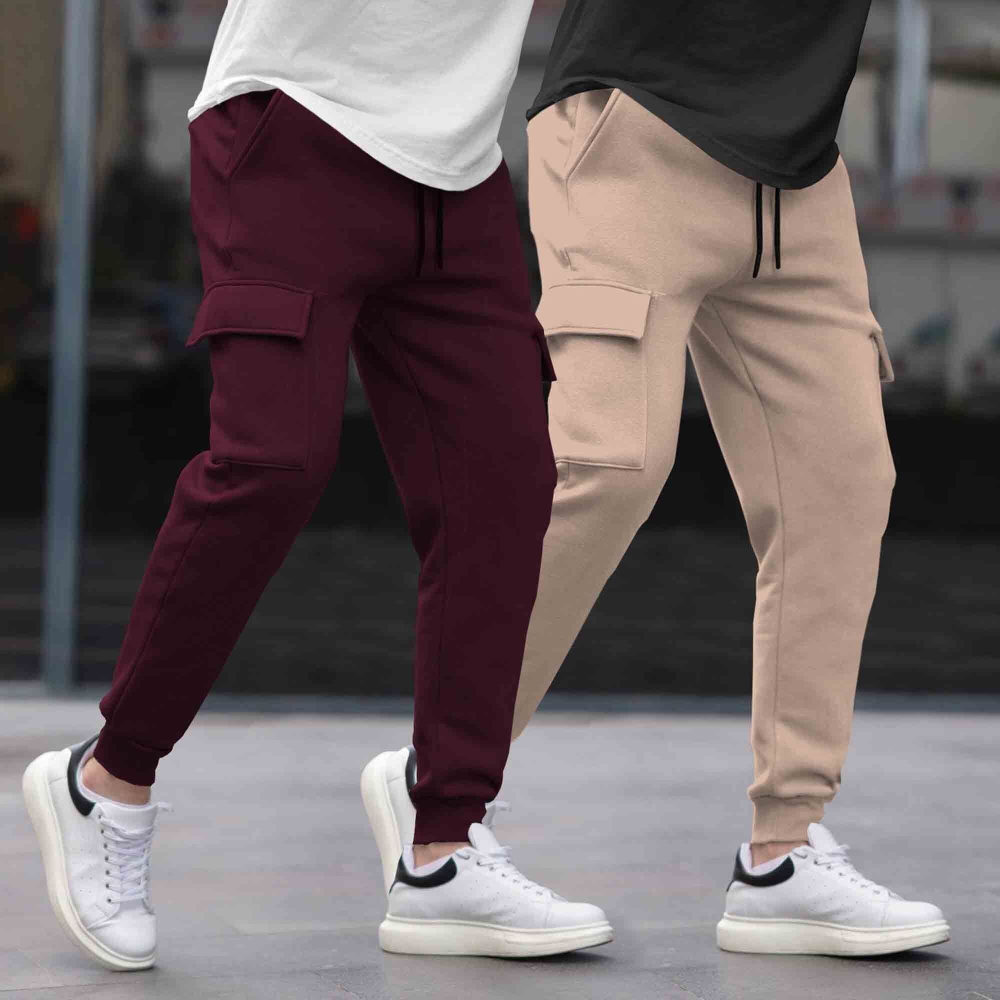 (Pack Of 2)  Multi Pockets Plain Cargo Joggers Maroon-Beige