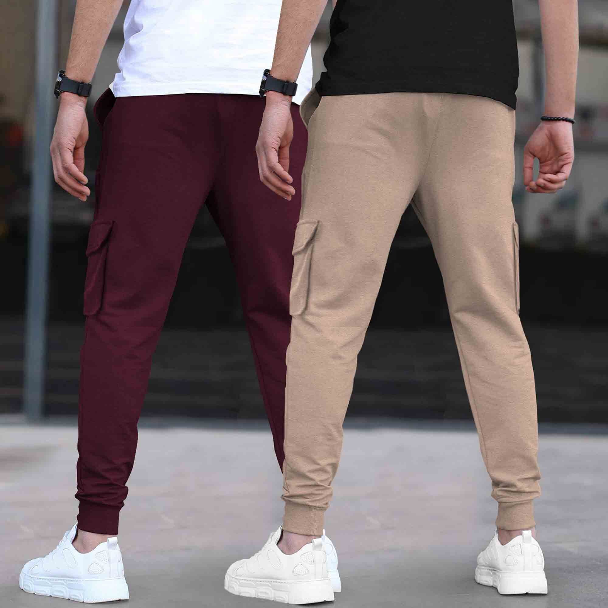 (Pack Of 2)  Multi Pockets Plain Cargo Joggers Maroon-Beige