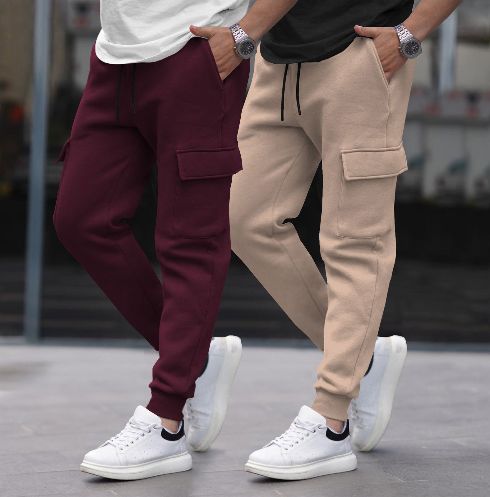 (Pack Of 2)  Multi Pockets Plain Cargo Joggers Maroon-Beige