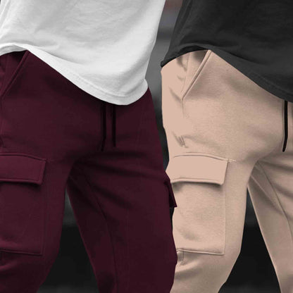 (Pack Of 2)  Multi Pockets Plain Cargo Joggers Maroon-Beige