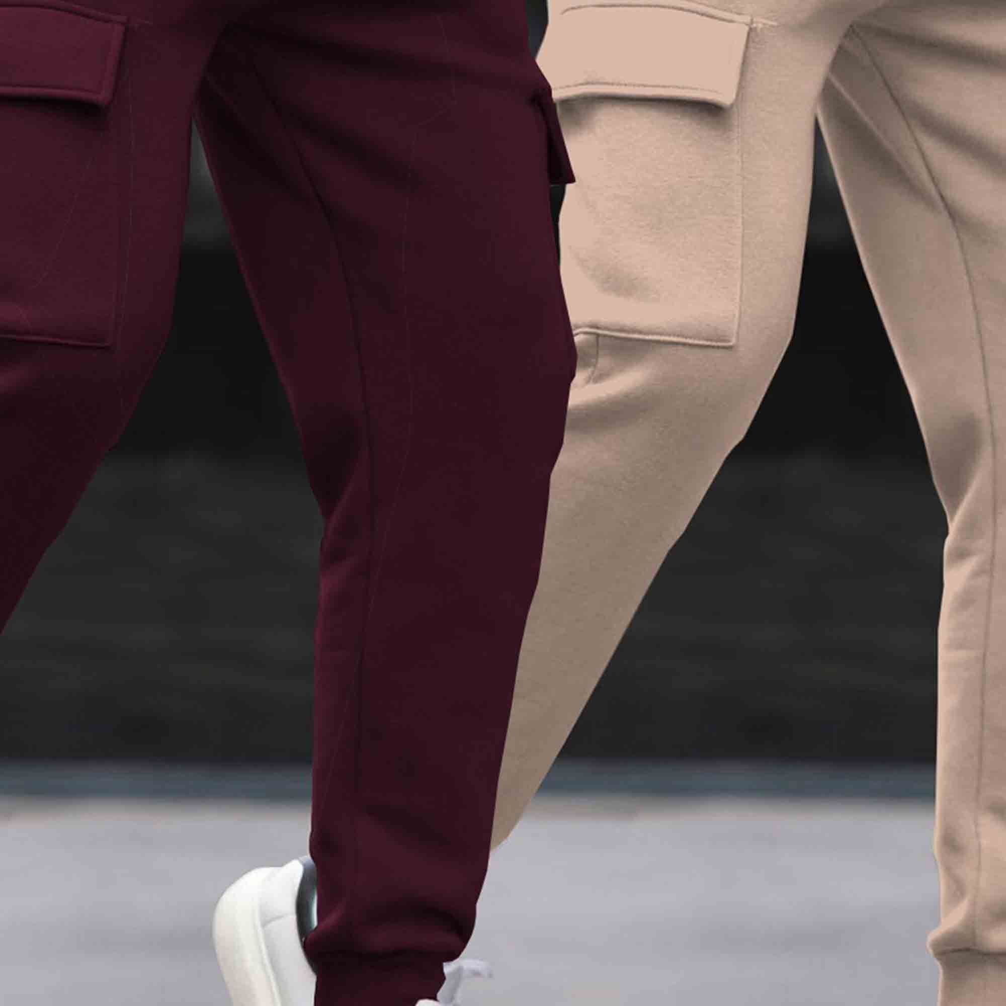 (Pack Of 2)  Multi Pockets Plain Cargo Joggers Maroon-Beige
