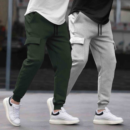 (Pack Of 2)  Multi Pockets Plain Cargo Joggers Olive & Grey