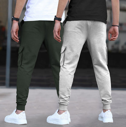 (Pack Of 2)  Multi Pockets Plain Cargo Joggers Olive & Grey