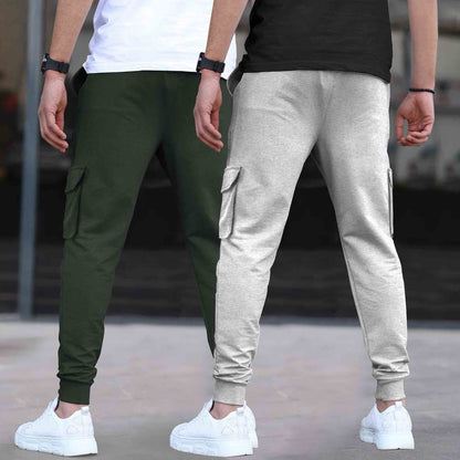 (Pack Of 2)  Multi Pockets Plain Cargo Joggers Olive & Grey