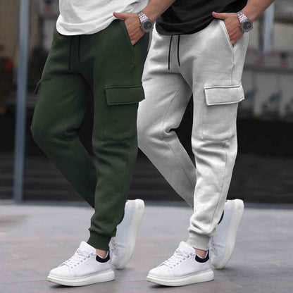 (Pack Of 2)  Multi Pockets Plain Cargo Joggers Olive & Grey