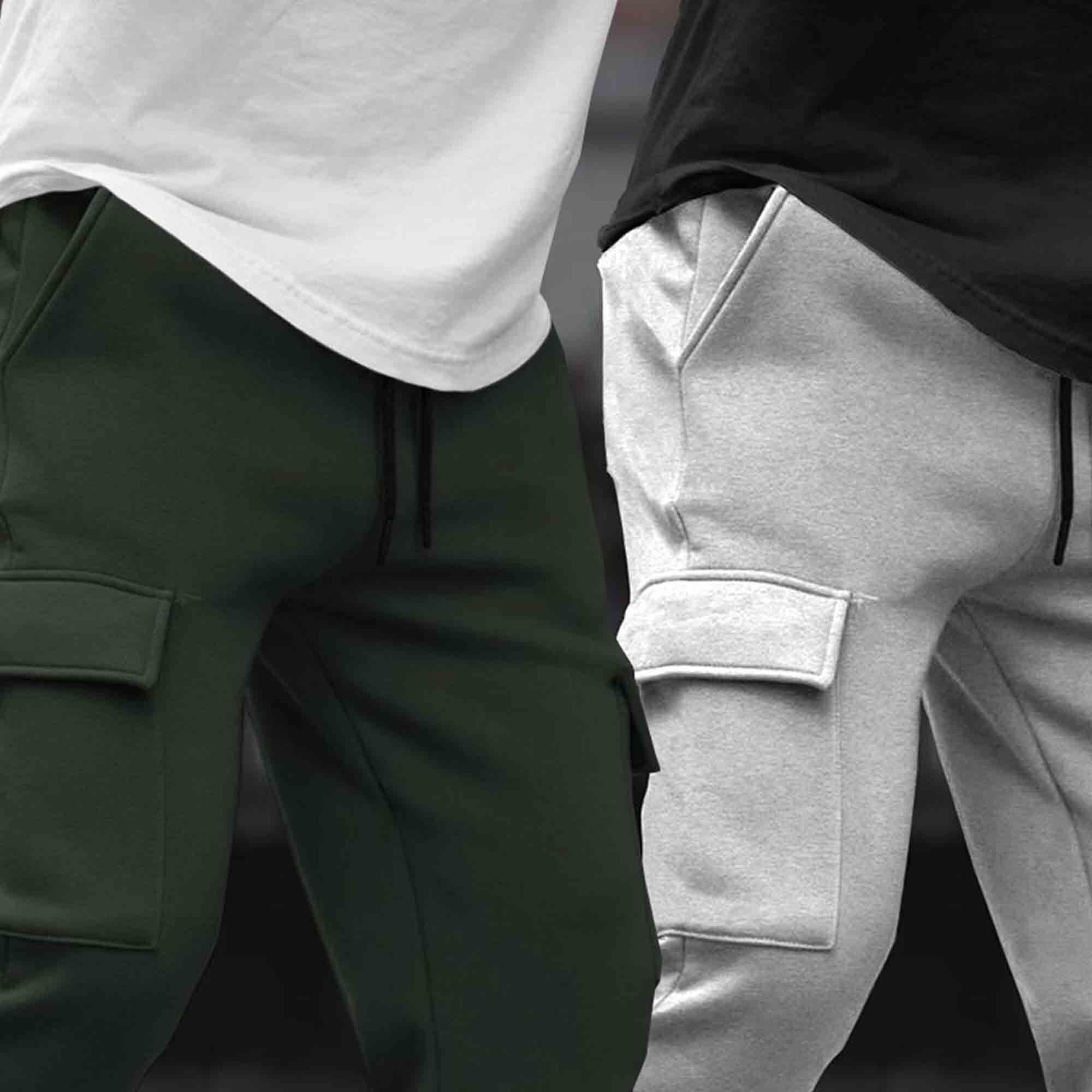 (Pack Of 2)  Multi Pockets Plain Cargo Joggers Olive & Grey