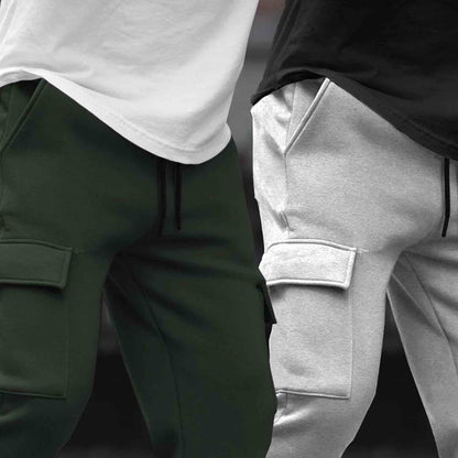 (Pack Of 2)  Multi Pockets Plain Cargo Joggers Olive & Grey