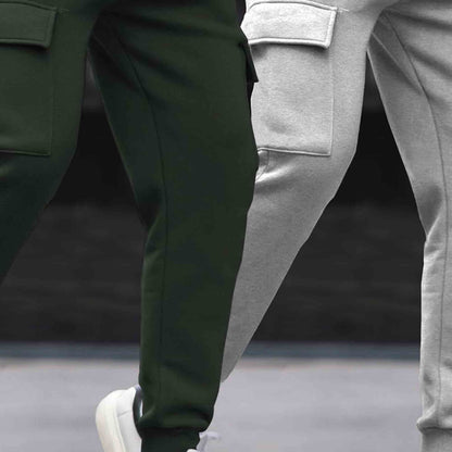 (Pack Of 2)  Multi Pockets Plain Cargo Joggers Olive & Grey