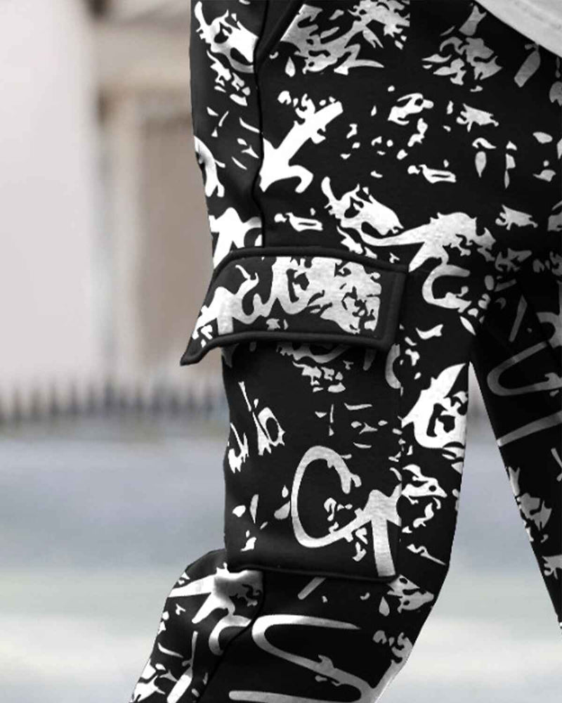 Men All Over Printed Multi Pockets Black Cargo Jogger