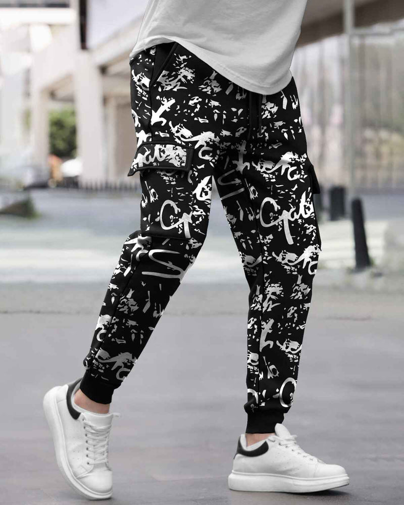 Men All Over Printed Multi Pockets Black Cargo Jogger