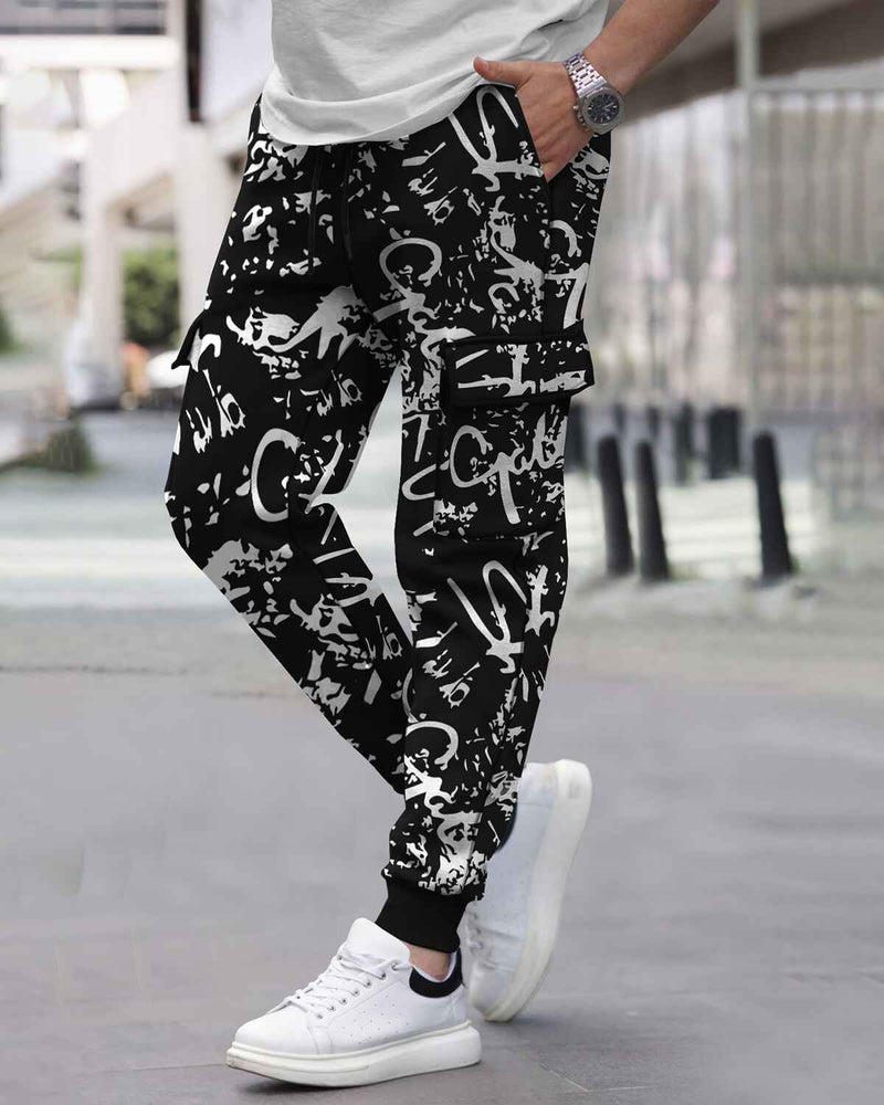 Men All Over Printed Multi Pockets Black Cargo Jogger