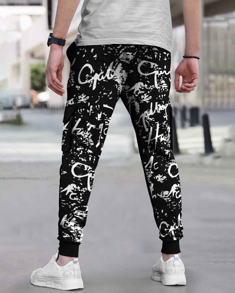 Men All Over Printed Multi Pockets Black Cargo Jogger