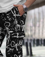 Men All Over Printed Multi Pockets Black Cargo Jogger