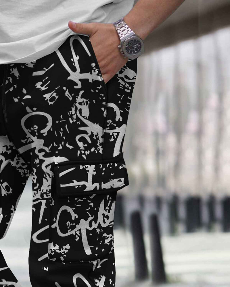 Men All Over Printed Multi Pockets Black Cargo Jogger