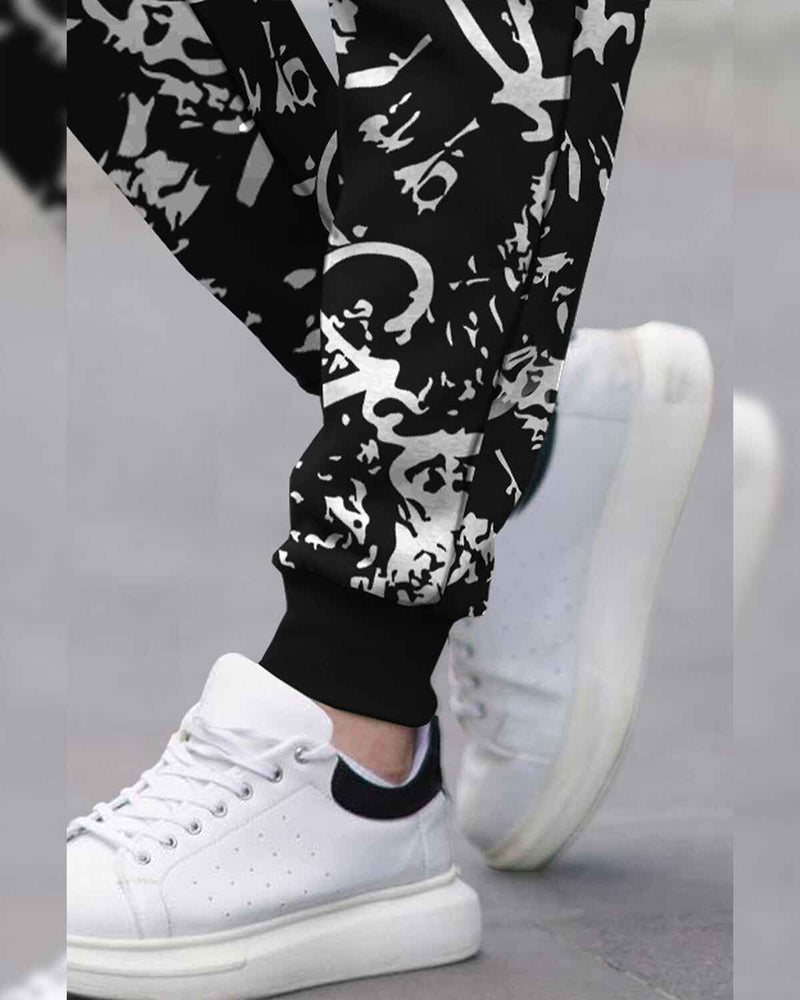 Men All Over Printed Multi Pockets Black Cargo Jogger