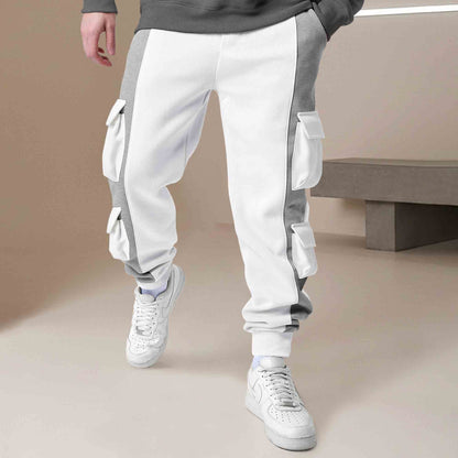 Mens Colorblocked 6 Pockets Cargo Jogger / White & Grey
