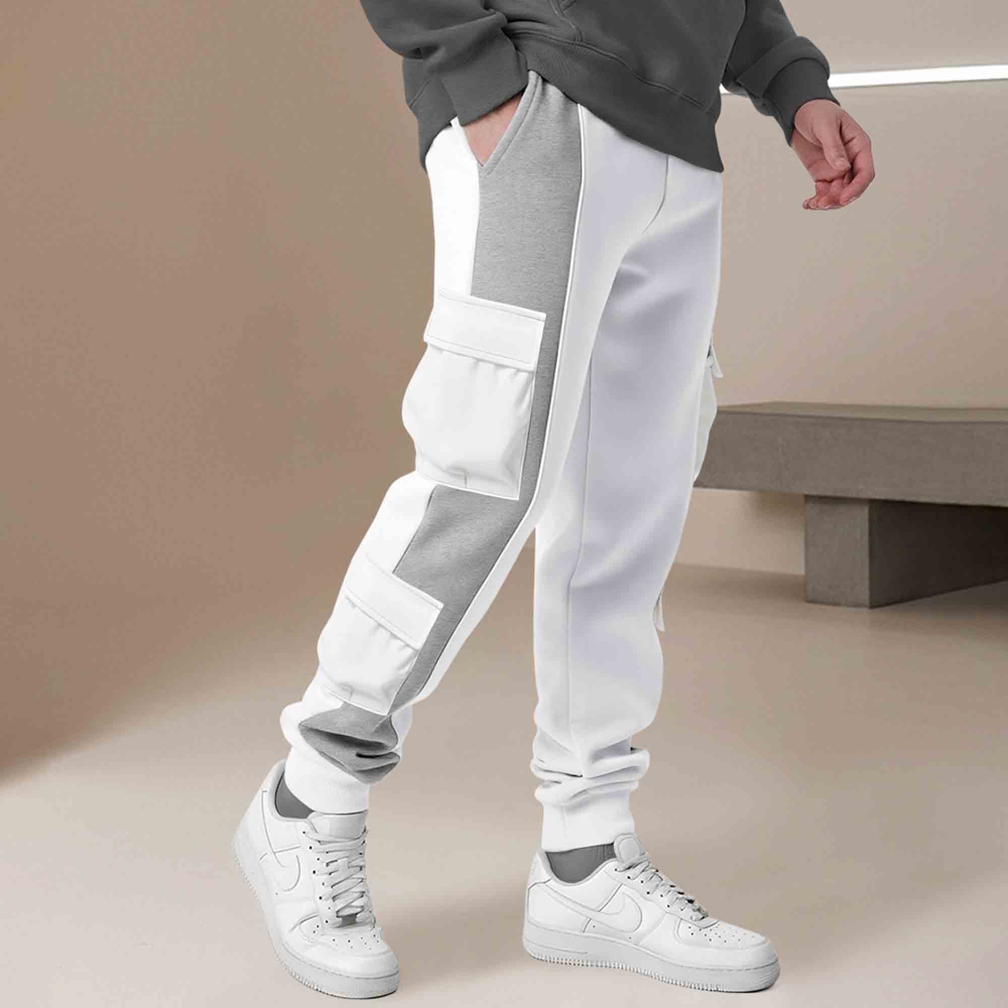 Mens Colorblocked 6 Pockets Cargo Jogger / White & Grey